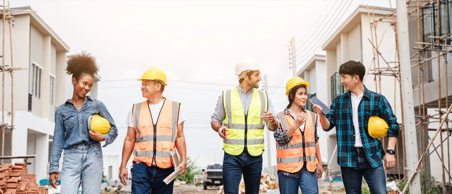 A team of construction professionals walking a jobsite together